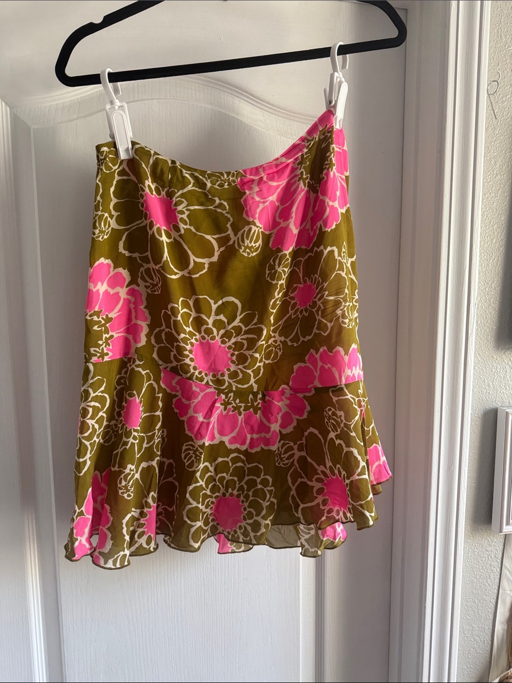 Trina Turk Floral A-Line Skirt in Olive & Bright Pink